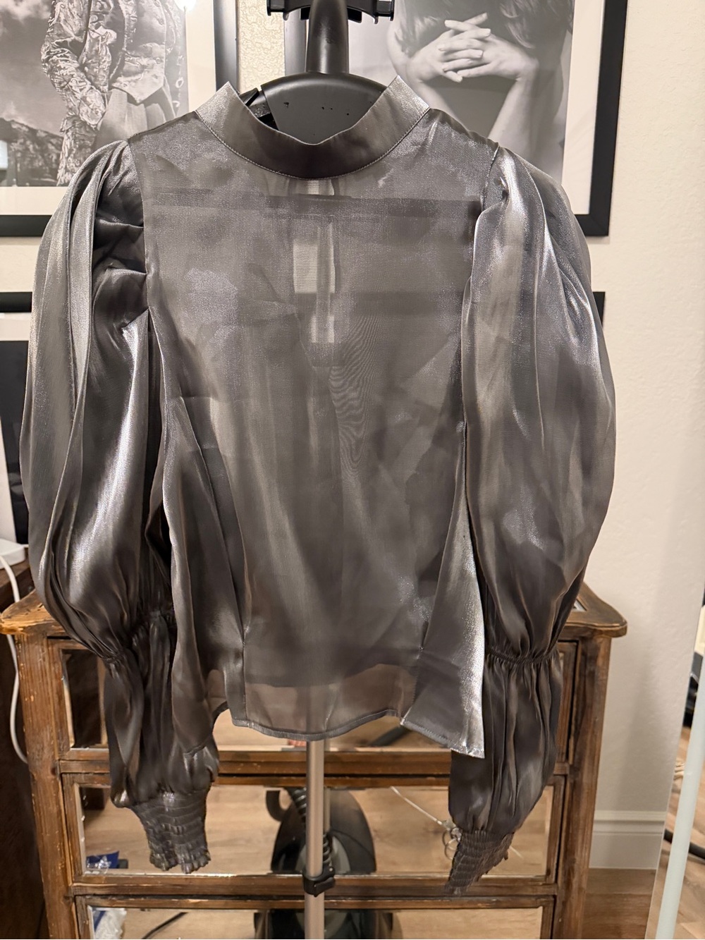 Topshop Sheer Metallic Puff-Sleeve Blouse in Silver
